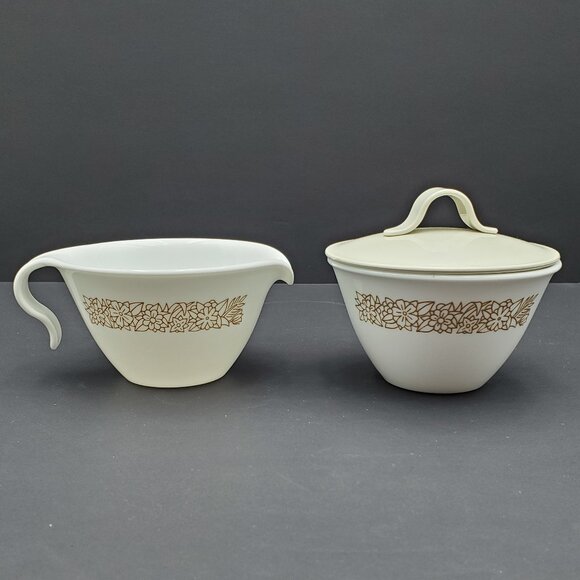 Corelle Woodland Brown Creamer and Sugar Bowl with Lid Brown Flowers on White - Picture 1 of 14